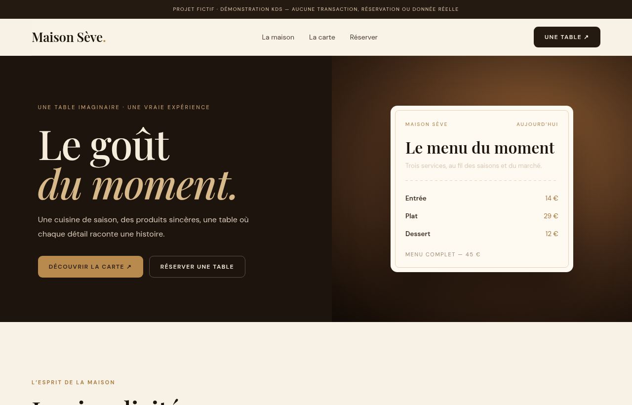 Aperçu du site de démonstration Maison Sève, restaurant gastronomique fictif